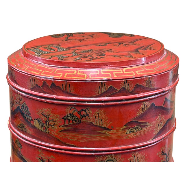 Vintage Chinese Red Golden Scenery Graphic Round Wood Stack Basket Table For Sale - Image 10 of 12