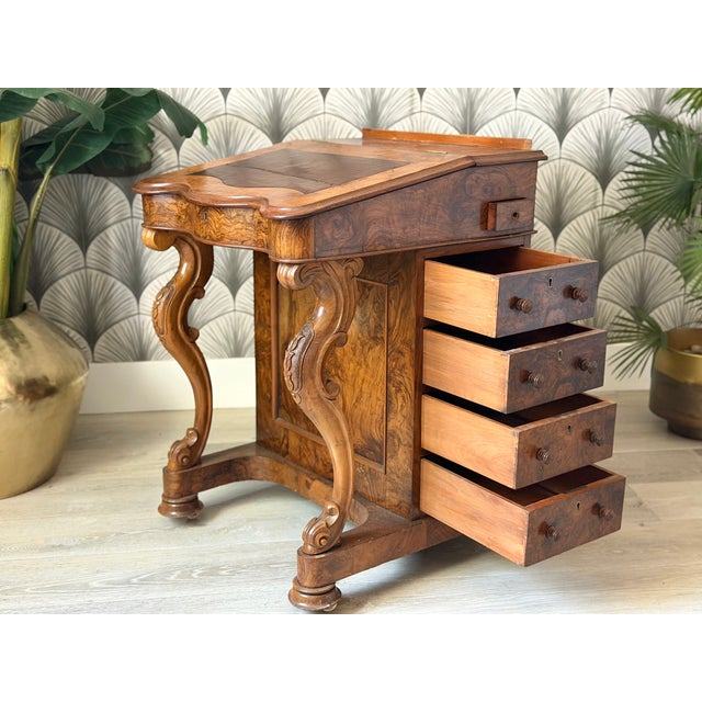 Antique Victorian Burl Walnut Wood and Leather Davenport Writing Table Secretary Desk For Sale - Image 15 of 18