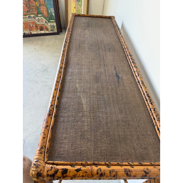 Brown Vintage Faux Tiger Bamboo Wrapped Rattan Console Table For Sale - Image 8 of 16