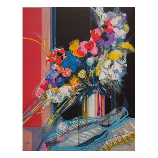 Jean-Baptiste Valadie, Blue, White and Red Bouquet, Original Lithograph For Sale