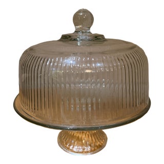 Vintage Ribbed Glass Cake Stand With Dome Cover For Sale