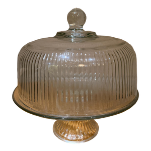 Vintage Ribbed Glass Cake Stand With Dome Cover