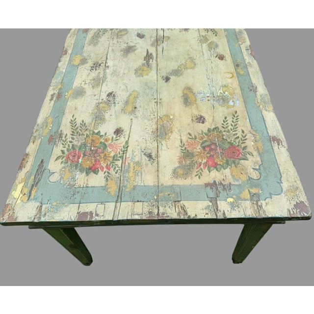 Vintage Primitive French Country Style Floral Paint Decorated Dining Table For Sale - Image 9 of 10