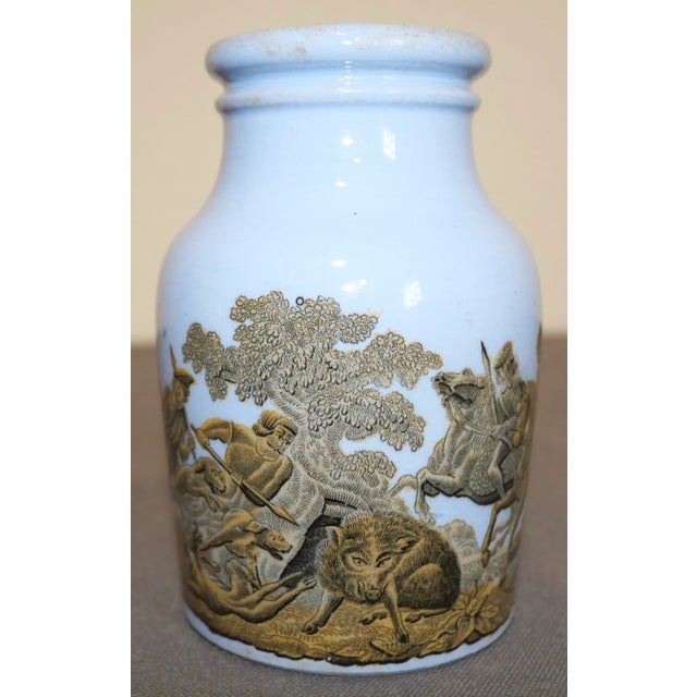 Up for sale is a Circa 1880 English Victorian Prattware Pottery Blue Transferware Boar Hunt Scene Motif Mustard Jar! It...