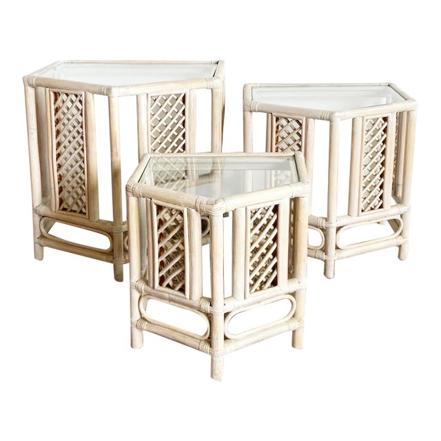 Boho Chic Bamboo Rattan Nesting Tables For Sale