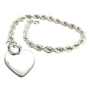 1990s Tiffany & Co Estate Twisted Rope Bracelet With Heart 8" Sterling Silver For Sale