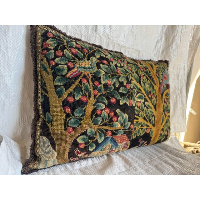 English Early 1600s English Needlepoint Pillow With Birds and Fruit Trees For Sale - Image 3 of 4
