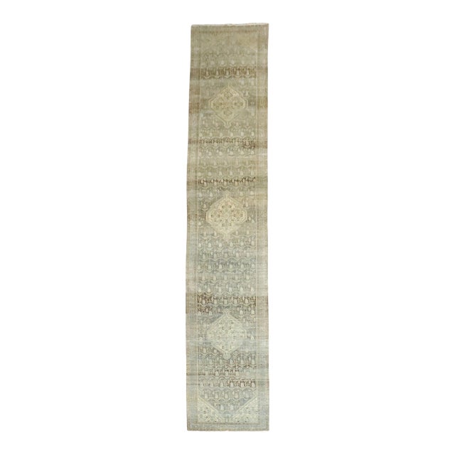 Antique Zabihi Collection Long Gray Green Persian Malayer Runner - 3'7" x 20' For Sale