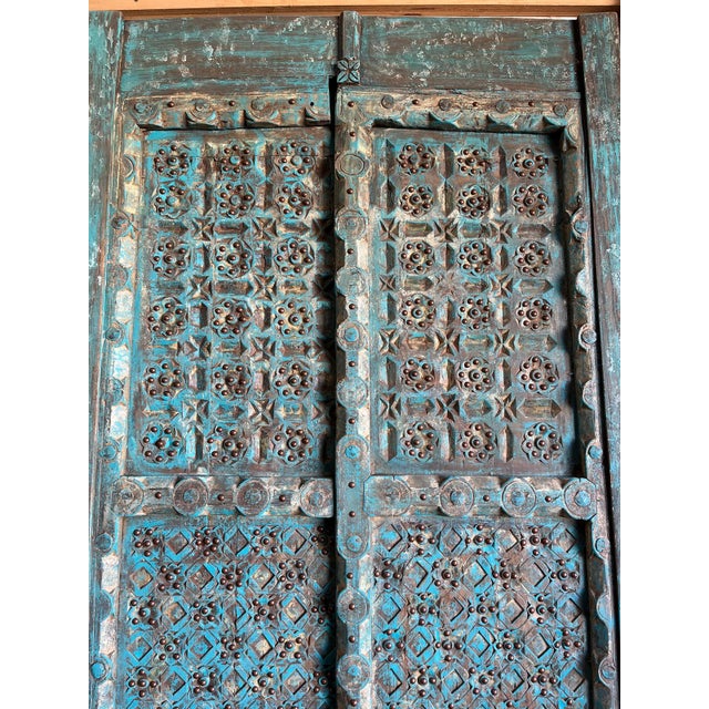 Rustic Blue Antique Carved Wood Double Doors With Brass Studs – Farmhouse Decorative Doors 91 For Sale - Image 4 of 7