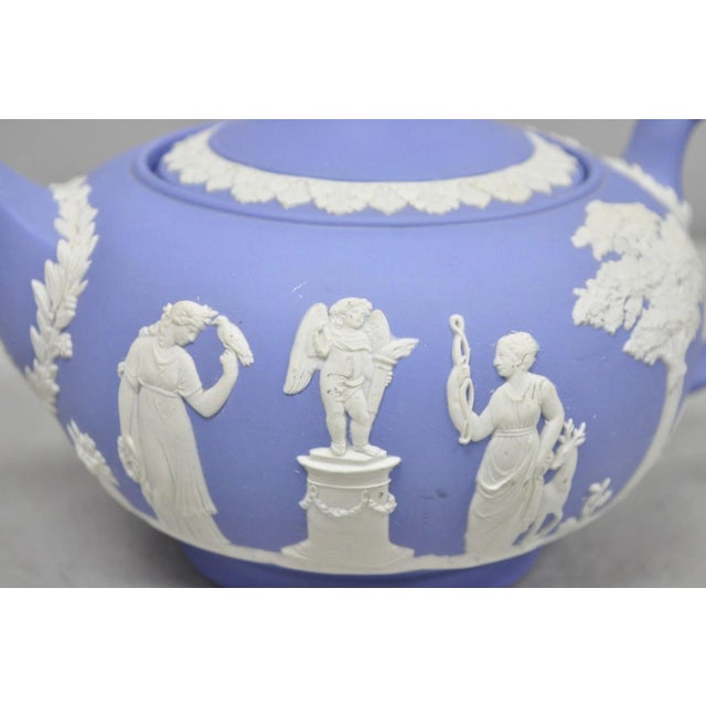 Blue Antique Wedgwood Blue Jasperware Tea Set W/ Tea Pot Creamer Sugar Bowl 3 Pc Set For Sale - Image 8 of 15