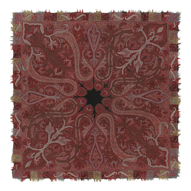 Antique Indian Shawl in Burgundy With Florals & Black Medallion | Rug & Kilim For Sale