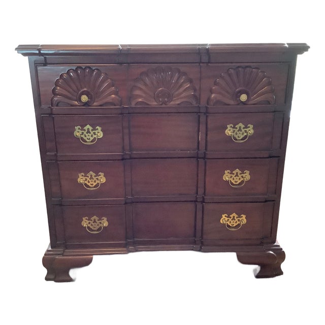 Antique Solid Cherry Chippendale Block Front Shell Carved Chest For Sale