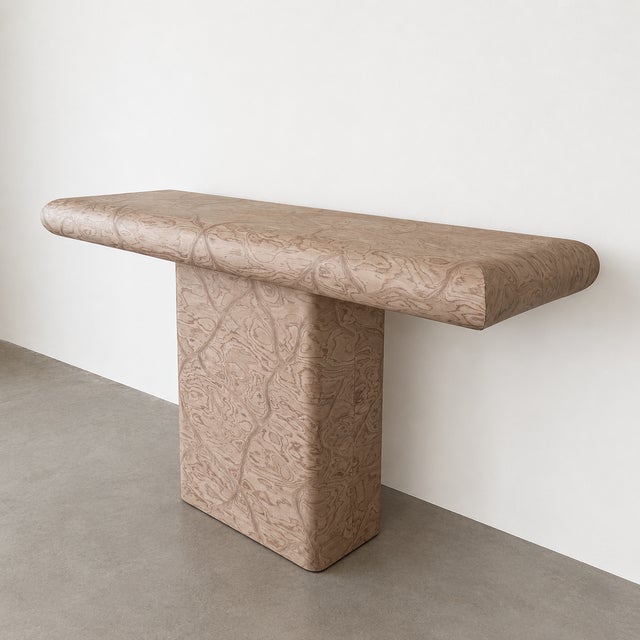 Wood Vintage 1980s Postmodern Console Table | Bullnose Pedestal Table | Memphis Style Entryway Table For Sale - Image 7 of 12