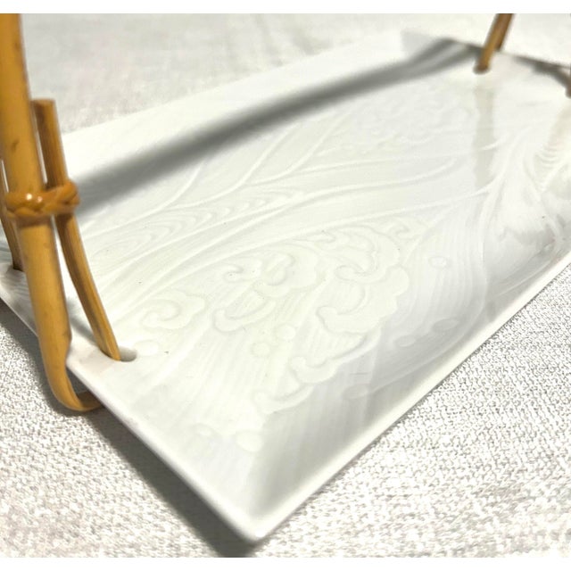 MCM Neiman Marcus Japanese Porcelain and Bamboo Handled Tray For Sale - Image 4 of 6