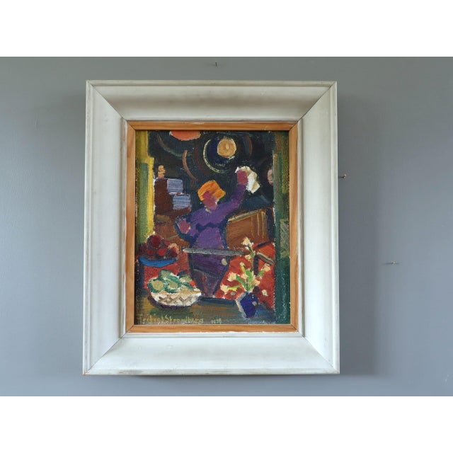 SHE WHO REACHES Size: 17.1 x 14.8 inches (including frame) Oil on canvas An expressive mid-century figurative painting...