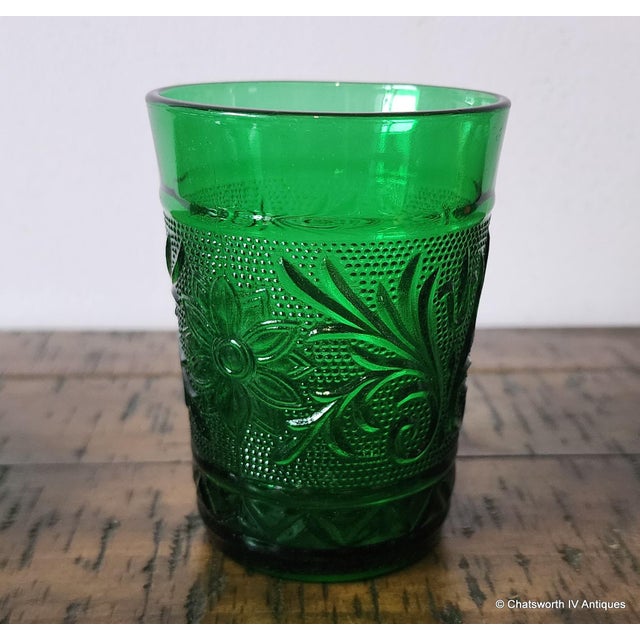 Mid-Century Modern 6 Mid Century Forest Green Glass Sandwich Pattern Juice Tumblers W/ Saucers ~ Anchor Hocking For Sale - Image 3 of 10