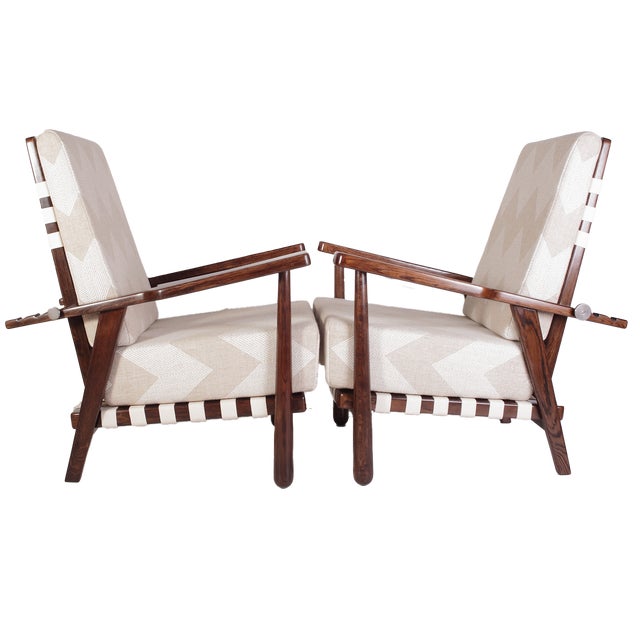 Set of Mid-Century Reclining Oak Lounge Chairs by Jan Vanek for Krasna Jizba, 1940s For Sale