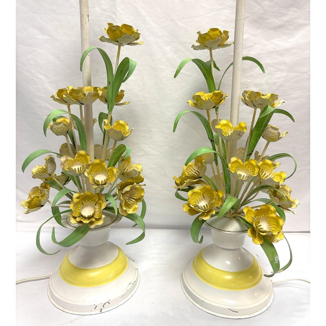 Shabby Chic Vintage Italian Floral Painted Tole Table Lamps- A Pair For Sale - Image 3 of 12