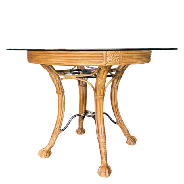 Brown Palm Beach Regency Rattan & Iron Dining Table With 42” Glass Top — In the Style of Ferguson Copeland For Sale - Image 8 of 8