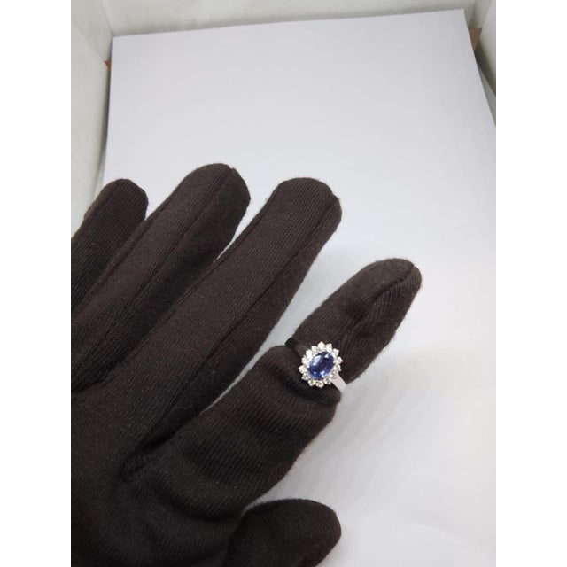 Blue Natural 18k Gold Blue Sapphire and Diamond Halo Ring, 0.90ct For Sale - Image 8 of 8
