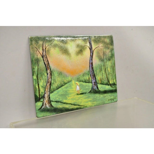 Dom Dominic Mingolla Enamel on Copper Girl in Green Forest and Tall Trees 8 X 10 For Sale - Image 9 of 10