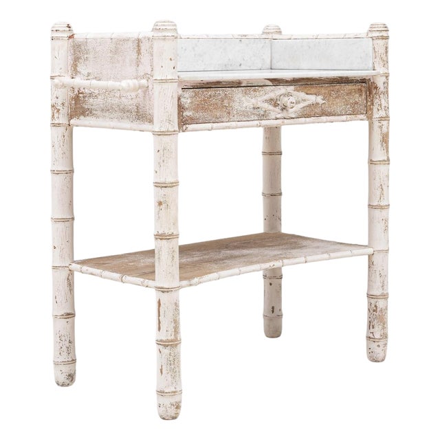 1900s French White Patinated Faux Bamboo Marble-Top Side Table For Sale