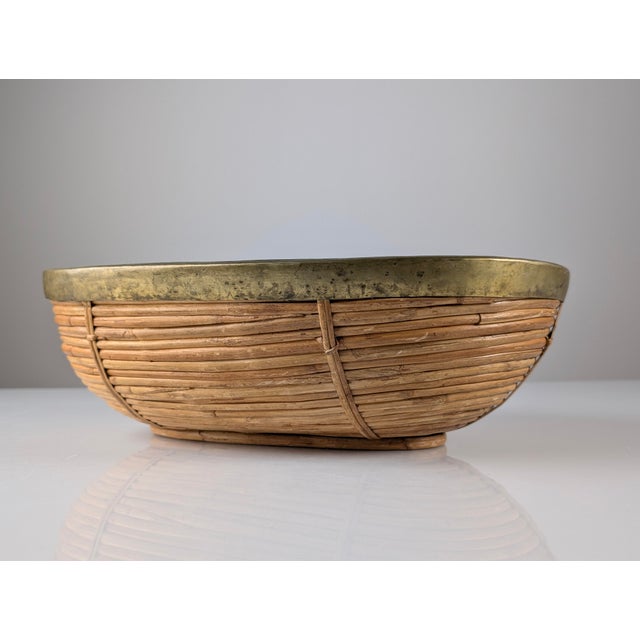 Mid-Century Italian Rattan and Brass Oval Centerpiece Bowl, 1970s For Sale - Image 11 of 12