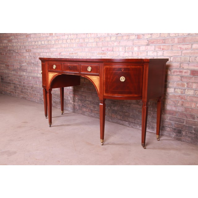 English Baker Furniture Stately Homes Sheraton Bow Front Inlaid Mahogany Sideboard For Sale - Image 3 of 13
