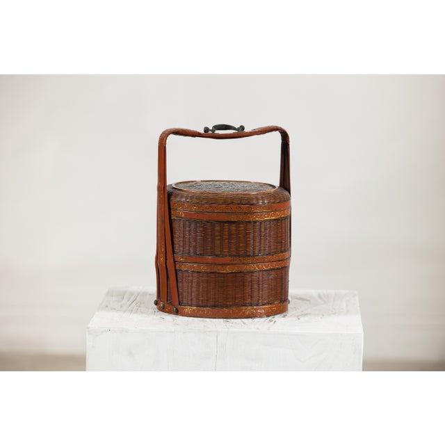 Vintage Chinese Woven Food Box with Painted Wood Bands, Double-Handled Carrying For Sale - Image 4 of 18