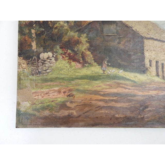 Antique circa 1880's distressed oil on canvas pastoral landscape painting with stone barn and woman feeding chickens....
