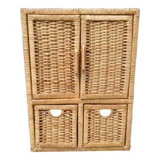 Vintage Boho Chic Wrapped Wicker Wall Cabinet With Storage For Sale