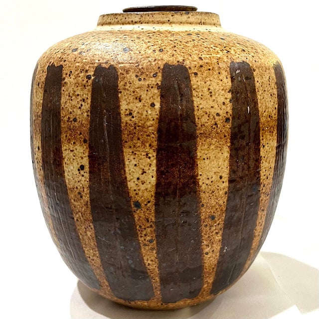 Mid-Century Modern 1970's Striped Stoneware Covered Storage Jar - Ken Edwards Montana Potter For Sale - Image 3 of 15