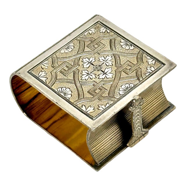 Large Unusual Beautifully Hand Engraved Antique Victorian Book - Bible Form Sterling Silver Napkin Ring - Circa 1870s For Sale