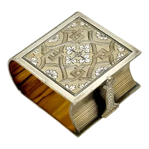 Large Unusual Beautifully Hand Engraved Antique Victorian Book - Bible Form Sterling Silver Napkin Ring - Circa 1870s