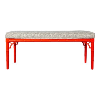 Vintage 1970's Orange Lacquered Faux Bamboo Leopard Chenille Bench For Sale