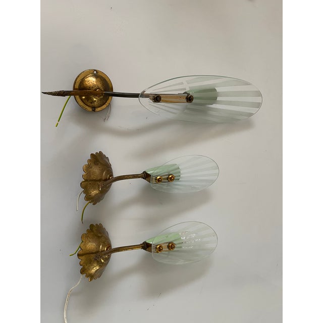 Italian Brass Glass Sconces, 1950s, Set of 3 For Sale - Image 6 of 18