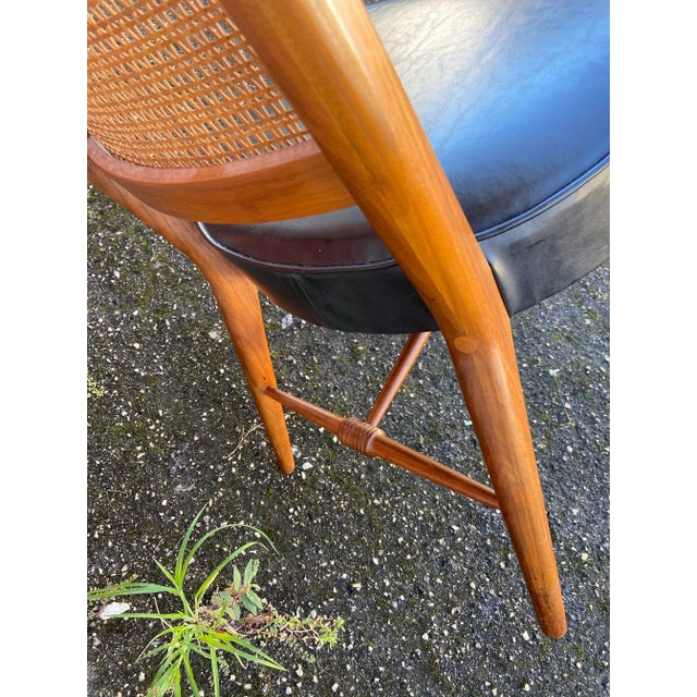 Vintage Mid Century Drexel Style Black Leather & Cane Side Chair For Sale - Image 10 of 12