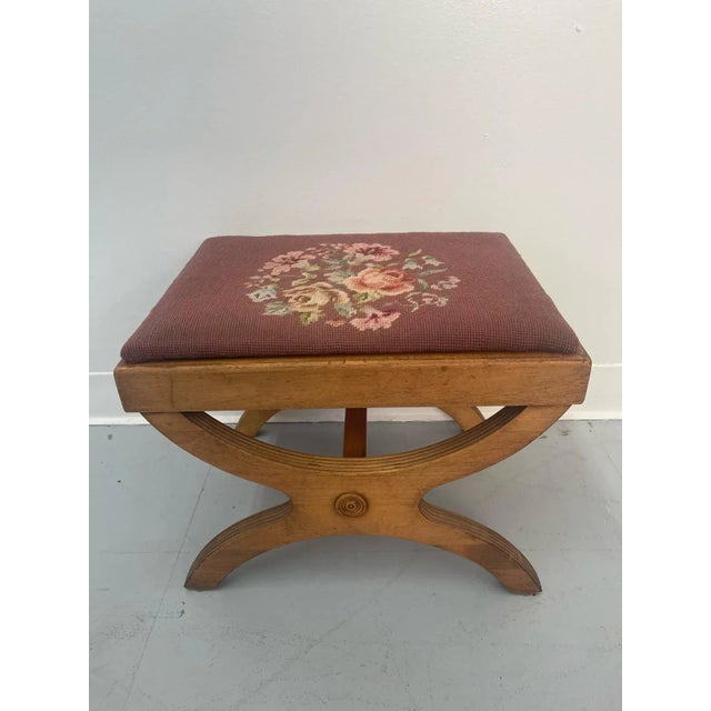 Brown 1970s Vintage Needlepoint Embroidery Footstool With Floral Motif For Sale - Image 8 of 10