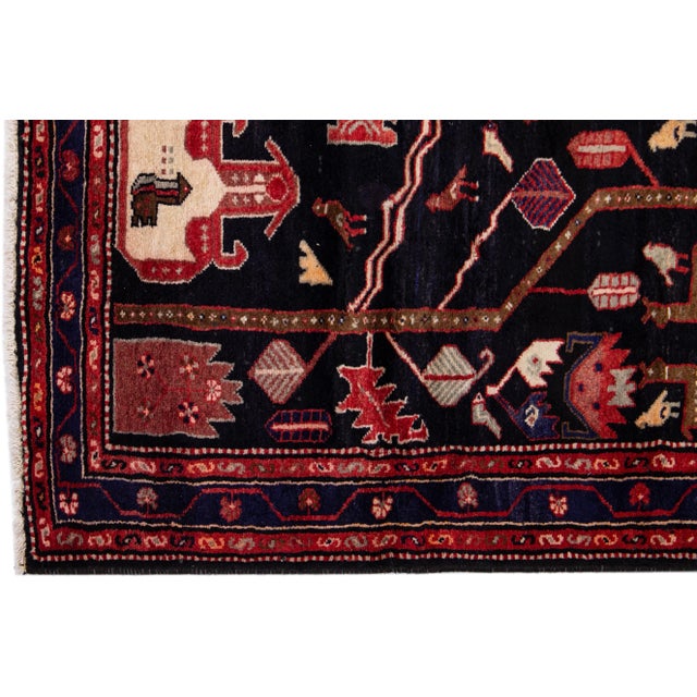 1960s Vintage Malayer Handmade Pictorial Navy Blue Wool Rug For Sale - Image 4 of 7