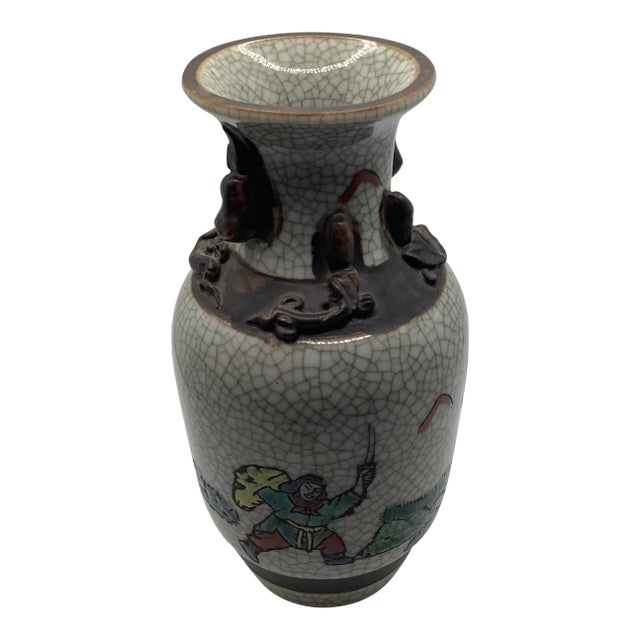 Vintage Chinese Nanking Crackle Baluster Warrior Vase For Sale