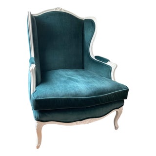 Mid-20th Century French Provincial Wingback Chair in Kravet Peacock Blue Velvet For Sale