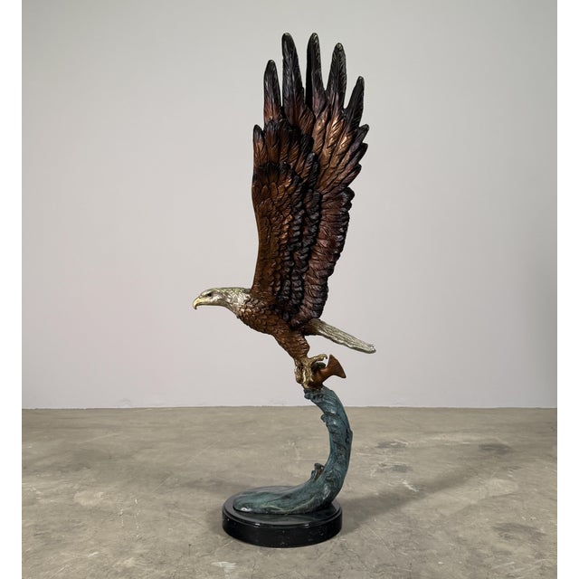 Metal Large Bronze Bald Eagle Sculpture Catches Fish on Marble Base - 38"h For Sale - Image 7 of 11