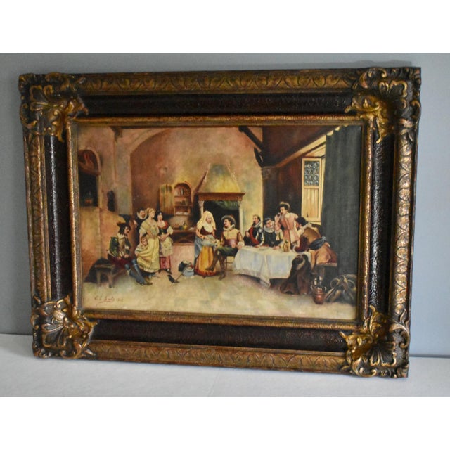 Antique European Tavern Interior Genre Scene Framed Signed & Dated 1910 For Sale - Image 15 of 16