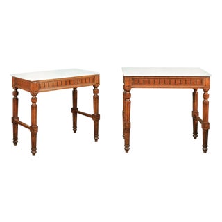Pair of French 1870s Neoclassical Style Wooden Console Tables with Marble Tops For Sale