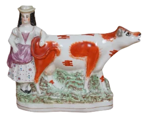 Antique 19th Century Staffordshire Porcelain Cow Milk Maid Spill Vase Creamer