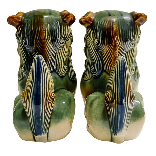 Late 20th Century Pair of Green & Blue Glazed Ceramic Foo Dog Figurines For Sale In San Diego - Image 6 of 9