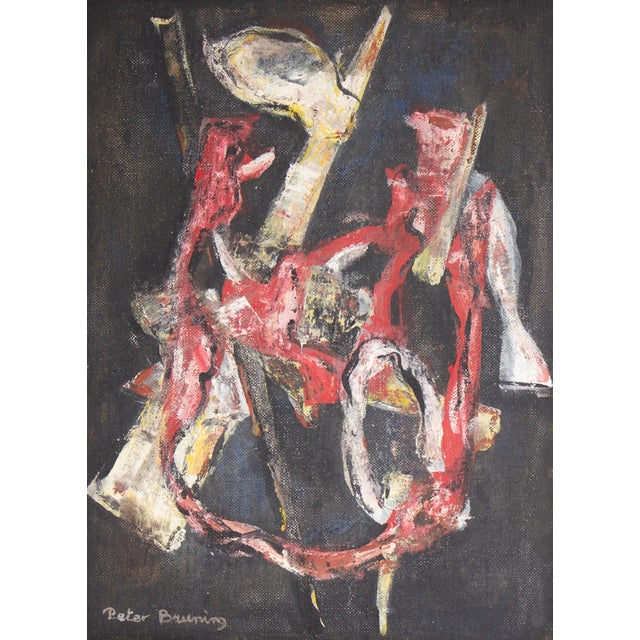 An oil on board painting by the Dutch-American artist Peter Bruning (1923-2018). This abstract painting depicts yellow and...