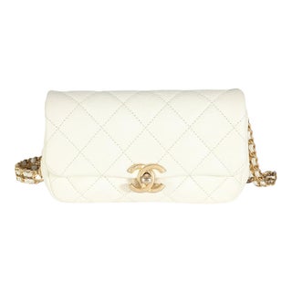 White Quilted Caviar Chain Melody Waist Belt Bag For Sale