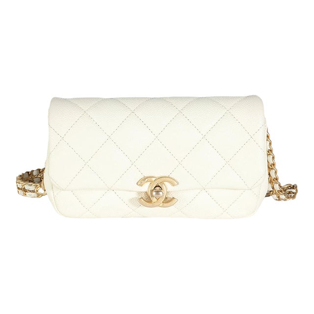 White Quilted Caviar Chain Melody Waist Belt Bag For Sale