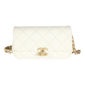 White Quilted Caviar Chain Melody Waist Belt Bag
